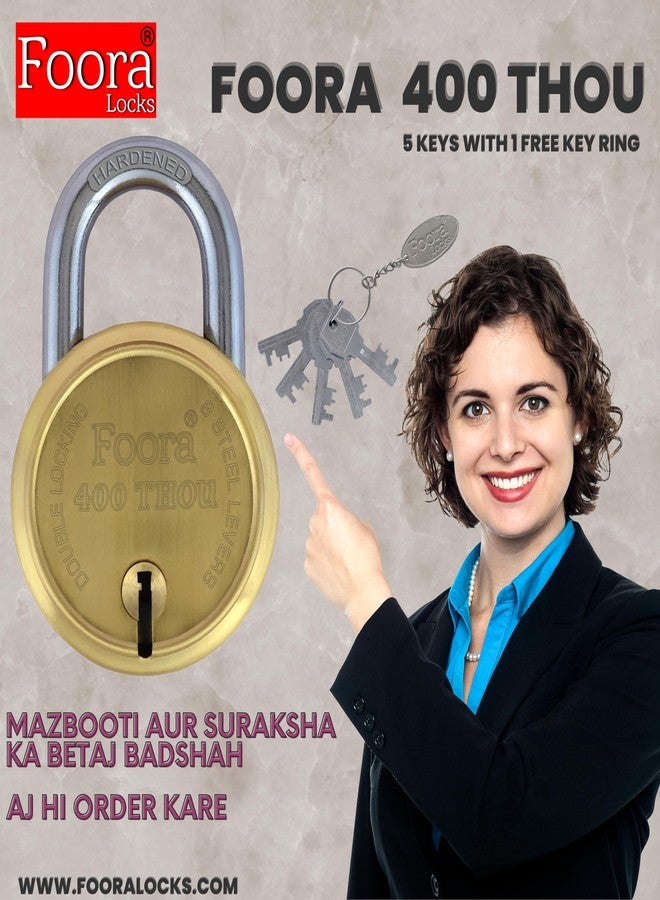 Foora 400 Thou,Same Key Lock,Double Locking, Hardened Shackle,Gold Padlock,Finish, Size 65mm, 2 Lock,Open,Single Key - Image 3